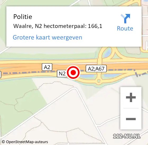 Locatie op kaart van de 112 melding: Politie Waalre, N2 hectometerpaal: 166,1 op 26 mei 2024 03:07
