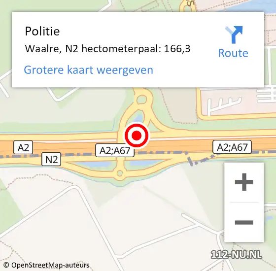 Locatie op kaart van de 112 melding: Politie Waalre, N2 hectometerpaal: 166,3 op 26 mei 2024 03:19