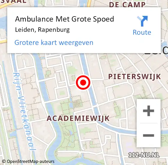 Locatie op kaart van de 112 melding: Ambulance Met Grote Spoed Naar Leiden, Rapenburg op 26 mei 2024 03:50