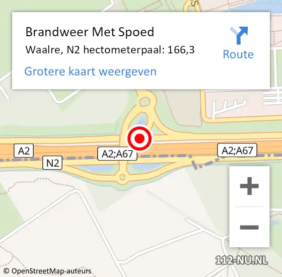 Locatie op kaart van de 112 melding: Brandweer Met Spoed Naar Waalre, N2 hectometerpaal: 166,3 op 26 mei 2024 04:49