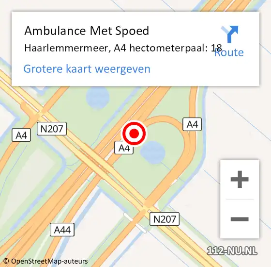 Locatie op kaart van de 112 melding: Ambulance Met Spoed Naar Haarlemmermeer, A4 hectometerpaal: 18 op 26 mei 2024 05:42