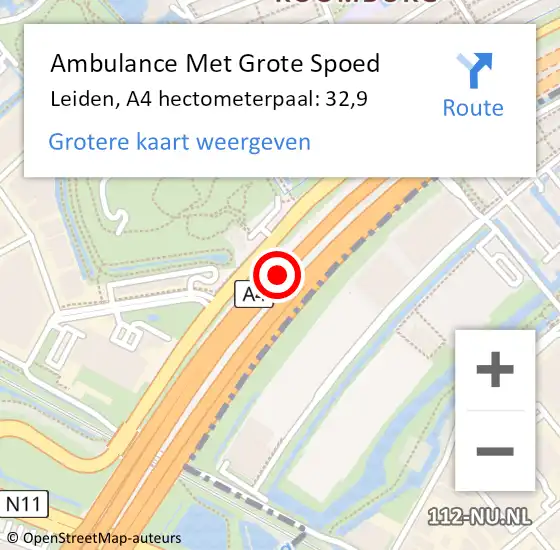 Locatie op kaart van de 112 melding: Ambulance Met Grote Spoed Naar Leiden, A4 hectometerpaal: 32,9 op 26 mei 2024 06:01
