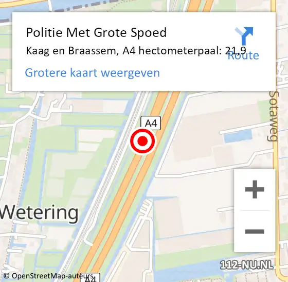 Locatie op kaart van de 112 melding: Politie Met Grote Spoed Naar Kaag en Braassem, A4 hectometerpaal: 21,9 op 26 mei 2024 06:32