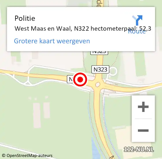 Locatie op kaart van de 112 melding: Politie West Maas en Waal, N322 hectometerpaal: 52,3 op 26 mei 2024 06:42