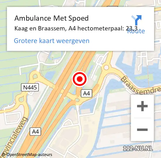 Locatie op kaart van de 112 melding: Ambulance Met Spoed Naar Kaag en Braassem, A4 hectometerpaal: 23,3 op 26 mei 2024 08:51