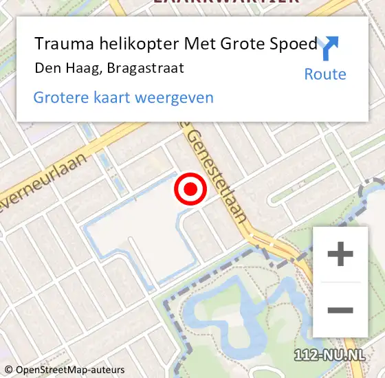 Locatie op kaart van de 112 melding: Trauma helikopter Met Grote Spoed Naar Den Haag, Bragastraat op 26 mei 2024 09:12