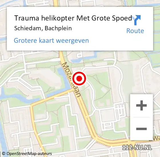 Locatie op kaart van de 112 melding: Trauma helikopter Met Grote Spoed Naar Schiedam, Bachplein op 26 mei 2024 11:33