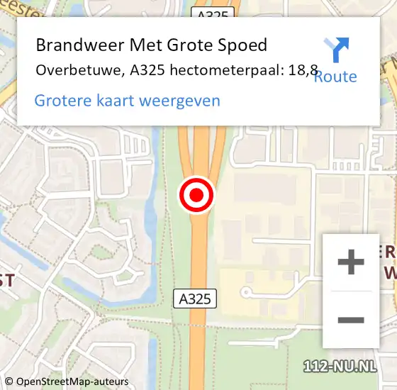 Locatie op kaart van de 112 melding: Brandweer Met Grote Spoed Naar Overbetuwe, A325 hectometerpaal: 18,8 op 26 mei 2024 12:26