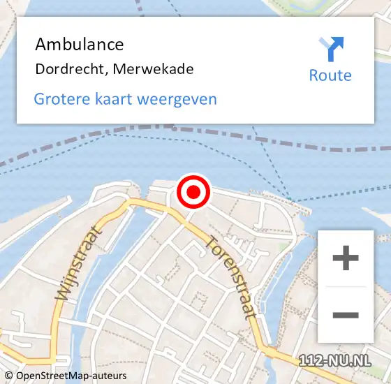 Locatie op kaart van de 112 melding: Ambulance Dordrecht, Merwekade op 26 mei 2024 12:33