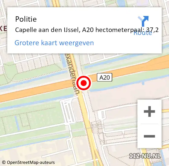 Locatie op kaart van de 112 melding: Politie Capelle aan den IJssel, A20 hectometerpaal: 37,2 op 26 mei 2024 13:03