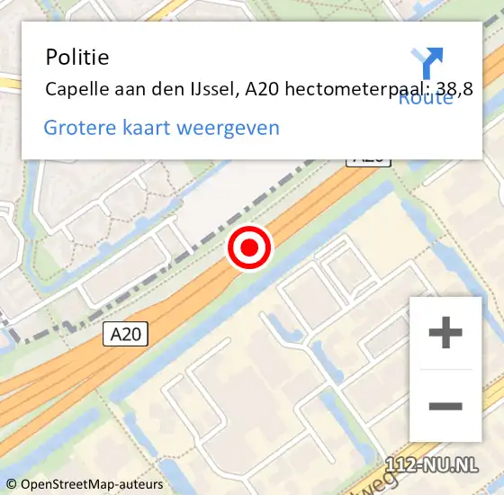 Locatie op kaart van de 112 melding: Politie Capelle aan den IJssel, A20 hectometerpaal: 38,8 op 26 mei 2024 13:04