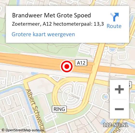 Locatie op kaart van de 112 melding: Brandweer Met Grote Spoed Naar Zoetermeer, A12 hectometerpaal: 13,3 op 26 mei 2024 13:09