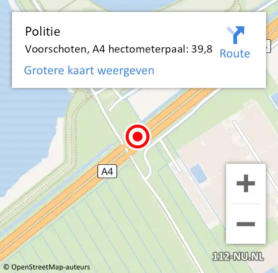 Locatie op kaart van de 112 melding: Politie Voorschoten, A4 hectometerpaal: 39,8 op 26 mei 2024 13:29