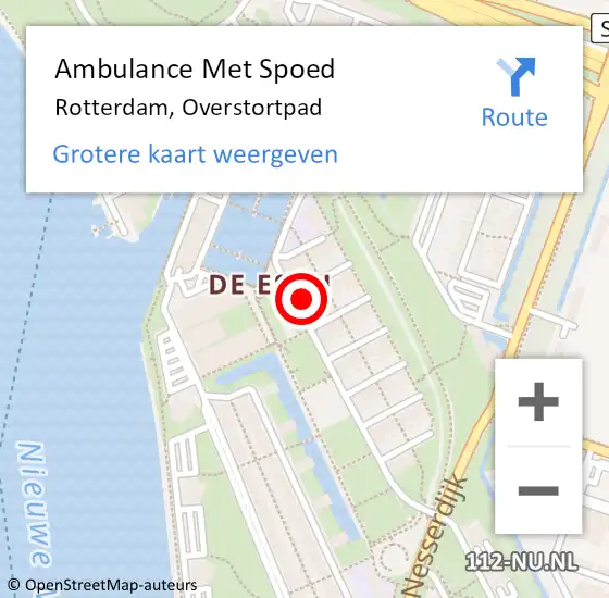 Locatie op kaart van de 112 melding: Ambulance Met Spoed Naar Rotterdam, Overstortpad op 26 mei 2024 13:57
