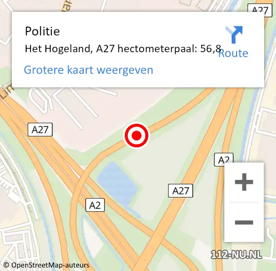 Locatie op kaart van de 112 melding: Politie Het Hogeland, A27 hectometerpaal: 56,8 op 26 mei 2024 14:01