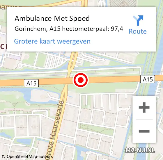 Locatie op kaart van de 112 melding: Ambulance Met Spoed Naar Gorinchem, A15 hectometerpaal: 97,4 op 26 mei 2024 14:14