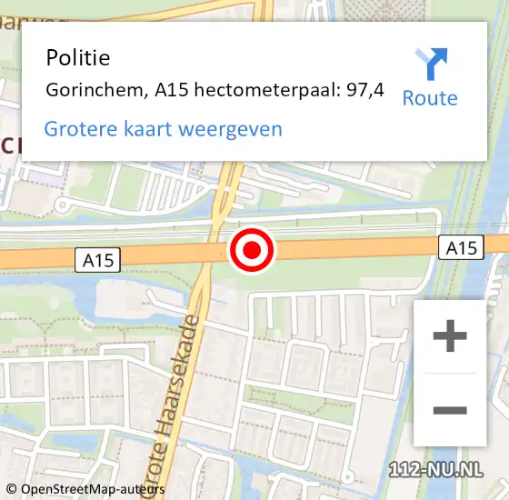 Locatie op kaart van de 112 melding: Politie Gorinchem, A15 hectometerpaal: 97,4 op 26 mei 2024 14:17