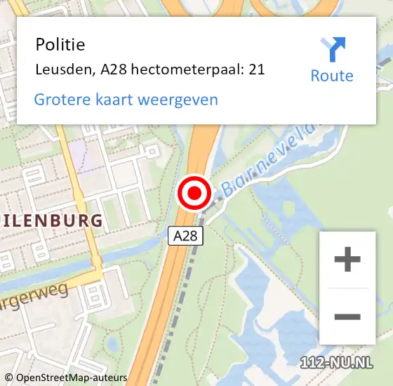 Locatie op kaart van de 112 melding: Politie Leusden, A28 hectometerpaal: 21 op 26 mei 2024 14:18