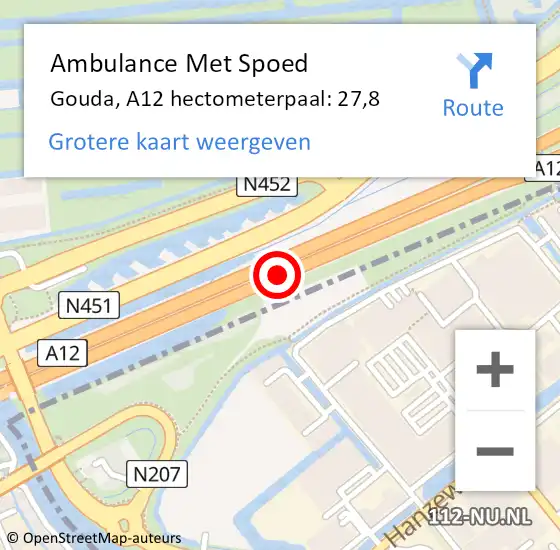 Locatie op kaart van de 112 melding: Ambulance Met Spoed Naar Gouda, A12 hectometerpaal: 27,8 op 26 mei 2024 14:33