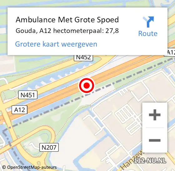 Locatie op kaart van de 112 melding: Ambulance Met Grote Spoed Naar Gouda, A12 hectometerpaal: 27,8 op 26 mei 2024 14:35