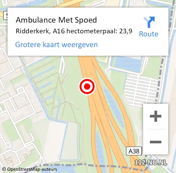 Locatie op kaart van de 112 melding: Ambulance Met Spoed Naar Ridderkerk, A16 hectometerpaal: 23,9 op 26 mei 2024 14:40