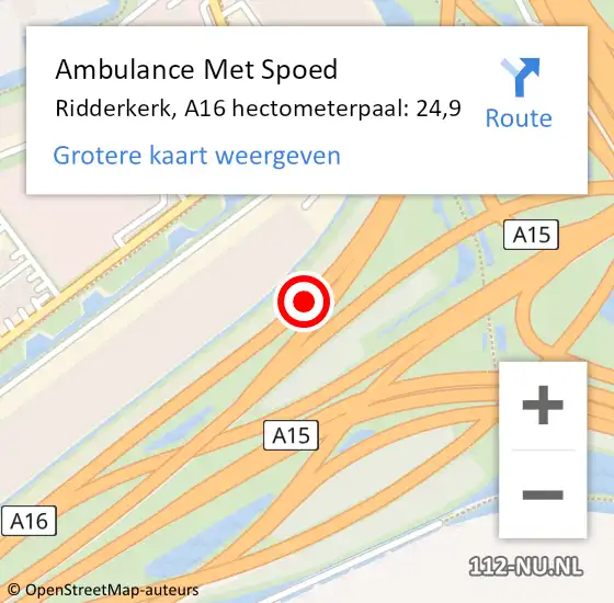 Locatie op kaart van de 112 melding: Ambulance Met Spoed Naar Ridderkerk, A16 hectometerpaal: 24,9 op 26 mei 2024 14:43