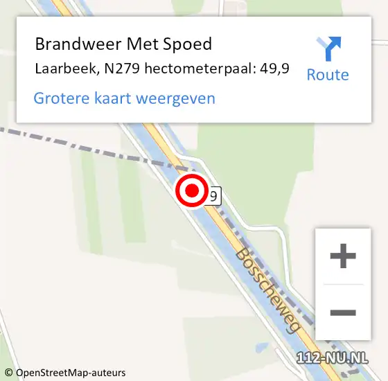 Locatie op kaart van de 112 melding: Brandweer Met Spoed Naar Laarbeek, N279 hectometerpaal: 49,9 op 26 mei 2024 16:20
