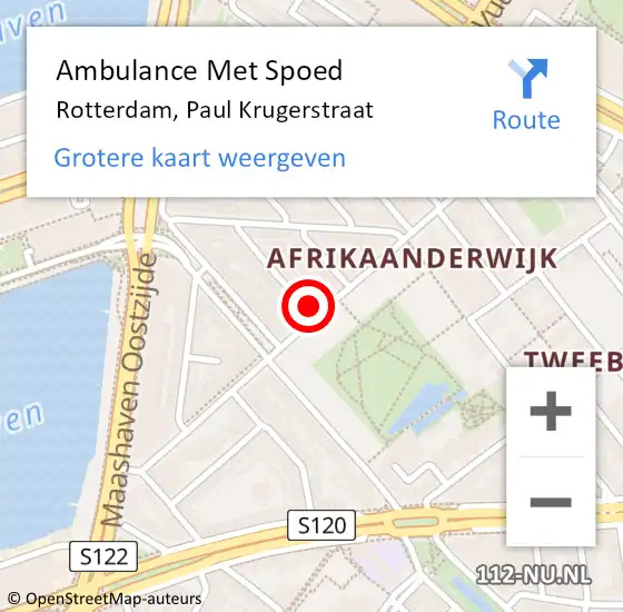 Locatie op kaart van de 112 melding: Ambulance Met Spoed Naar Rotterdam, Paul Krugerstraat op 26 mei 2024 17:12