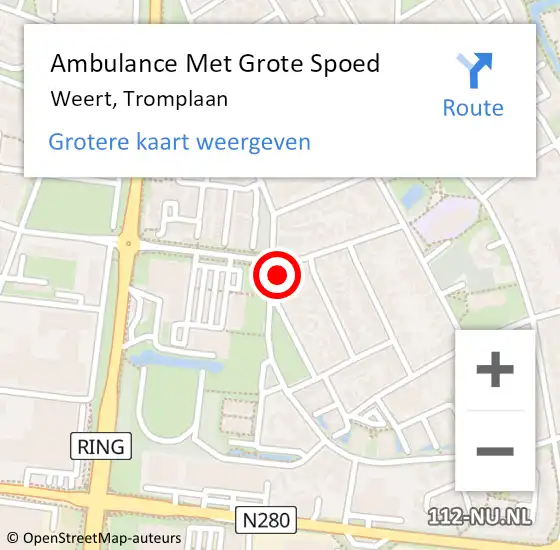 Locatie op kaart van de 112 melding: Ambulance Met Grote Spoed Naar Weert, Tromplaan op 26 mei 2024 17:15