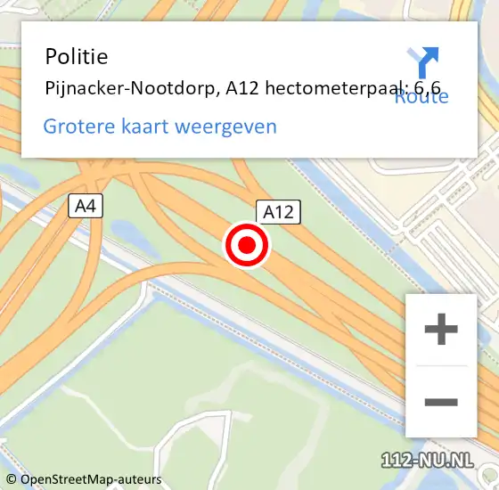 Locatie op kaart van de 112 melding: Politie Pijnacker-Nootdorp, A12 hectometerpaal: 6,6 op 26 mei 2024 17:30