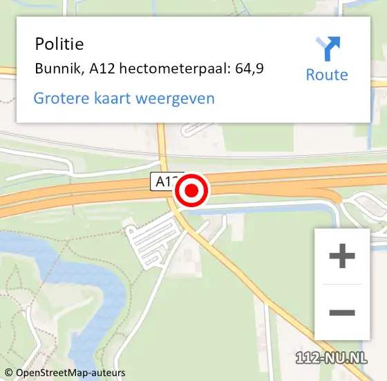Locatie op kaart van de 112 melding: Politie Bunnik, A12 hectometerpaal: 64,9 op 26 mei 2024 19:58