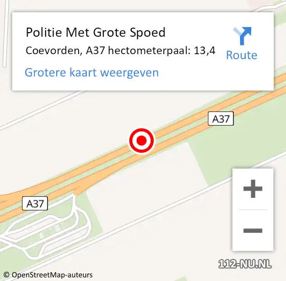Locatie op kaart van de 112 melding: Politie Met Grote Spoed Naar Coevorden, A37 hectometerpaal: 13,4 op 26 mei 2024 20:26