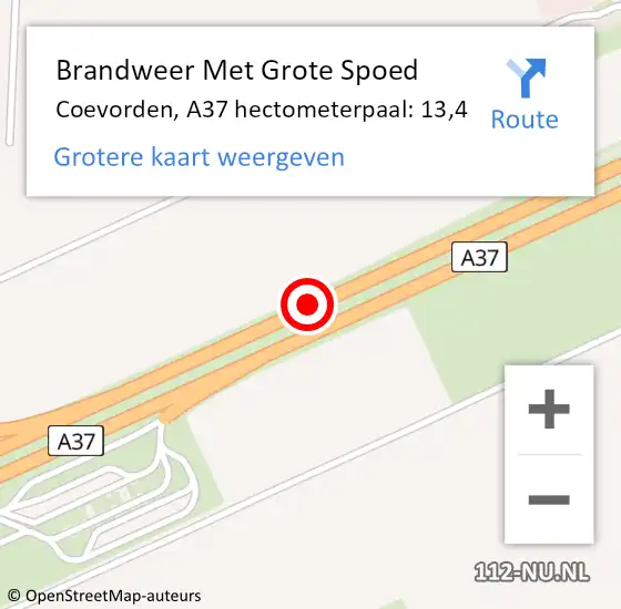 Locatie op kaart van de 112 melding: Brandweer Met Grote Spoed Naar Coevorden, A37 hectometerpaal: 13,4 op 26 mei 2024 20:28