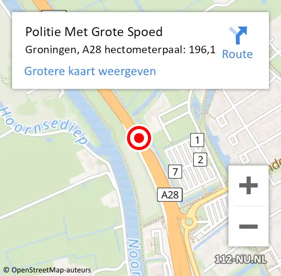 Locatie op kaart van de 112 melding: Politie Met Grote Spoed Naar Groningen, A28 hectometerpaal: 196,1 op 26 mei 2024 21:02