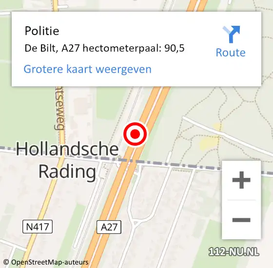 Locatie op kaart van de 112 melding: Politie De Bilt, A27 hectometerpaal: 90,5 op 26 mei 2024 21:15