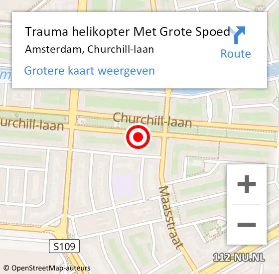 Locatie op kaart van de 112 melding: Trauma helikopter Met Grote Spoed Naar Amsterdam, Churchill-laan op 26 mei 2024 21:53
