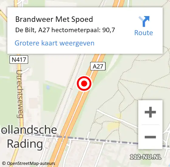 Locatie op kaart van de 112 melding: Brandweer Met Spoed Naar De Bilt, A27 hectometerpaal: 90,7 op 26 mei 2024 22:38