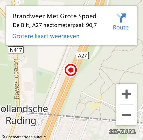 Locatie op kaart van de 112 melding: Brandweer Met Grote Spoed Naar De Bilt, A27 hectometerpaal: 90,7 op 26 mei 2024 22:38