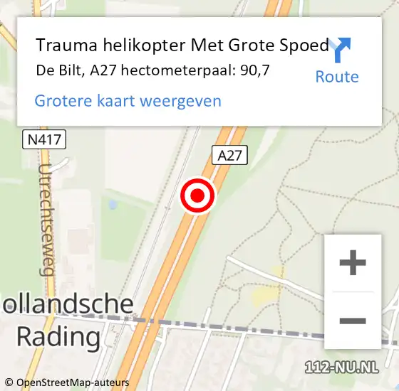Locatie op kaart van de 112 melding: Trauma helikopter Met Grote Spoed Naar De Bilt, A27 hectometerpaal: 90,7 op 26 mei 2024 22:39