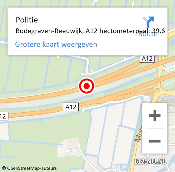 Locatie op kaart van de 112 melding: Politie Bodegraven-Reeuwijk, A12 hectometerpaal: 39,6 op 27 mei 2024 02:25