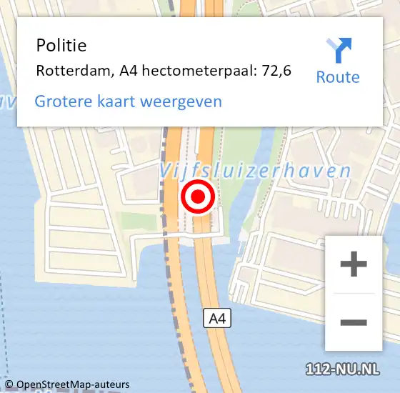Locatie op kaart van de 112 melding: Politie Rotterdam, A4 hectometerpaal: 72,6 op 27 mei 2024 06:01