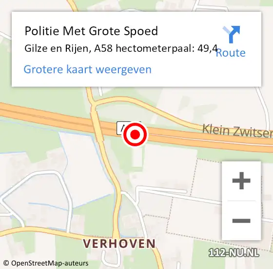 Locatie op kaart van de 112 melding: Politie Met Grote Spoed Naar Gilze en Rijen, A58 hectometerpaal: 49,4 op 27 mei 2024 07:53