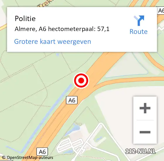Locatie op kaart van de 112 melding: Politie Almere, A6 hectometerpaal: 57,1 op 27 mei 2024 07:57