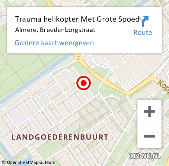 Locatie op kaart van de 112 melding: Trauma helikopter Met Grote Spoed Naar Almere, Breedenborgstraat op 27 mei 2024 08:05