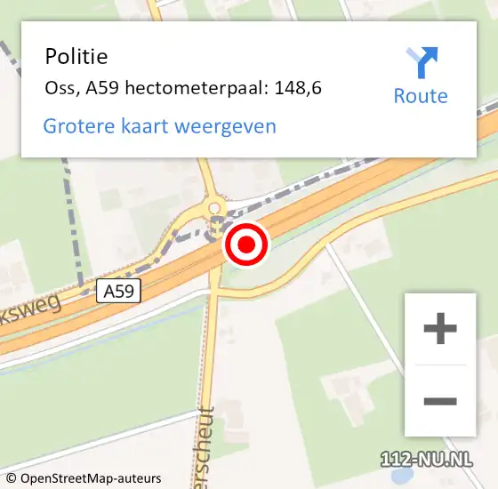 Locatie op kaart van de 112 melding: Politie Oss, A59 hectometerpaal: 148,6 op 27 mei 2024 08:06
