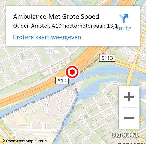 Locatie op kaart van de 112 melding: Ambulance Met Grote Spoed Naar Ouder-Amstel, A10 hectometerpaal: 13,1 op 27 mei 2024 08:16