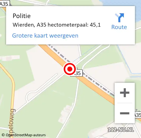 Locatie op kaart van de 112 melding: Politie Wierden, A35 hectometerpaal: 45,1 op 27 mei 2024 08:41