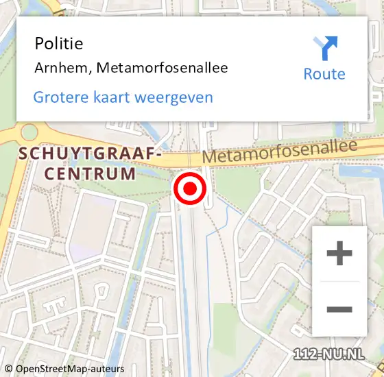 Locatie op kaart van de 112 melding: Politie Arnhem, Metamorfosenallee op 27 mei 2024 08:46