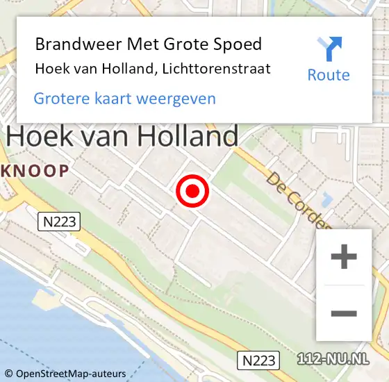 Locatie op kaart van de 112 melding: Brandweer Met Grote Spoed Naar Hoek van Holland, Lichttorenstraat op 27 mei 2024 09:28