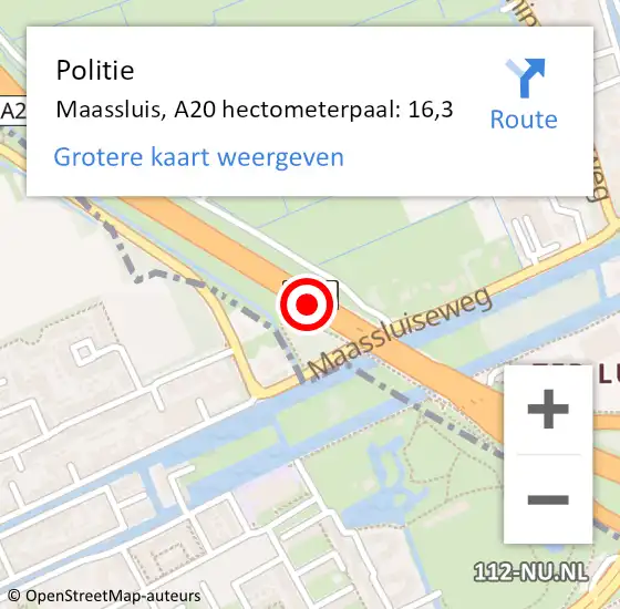 Locatie op kaart van de 112 melding: Politie Maassluis, A20 hectometerpaal: 16,3 op 27 mei 2024 09:35